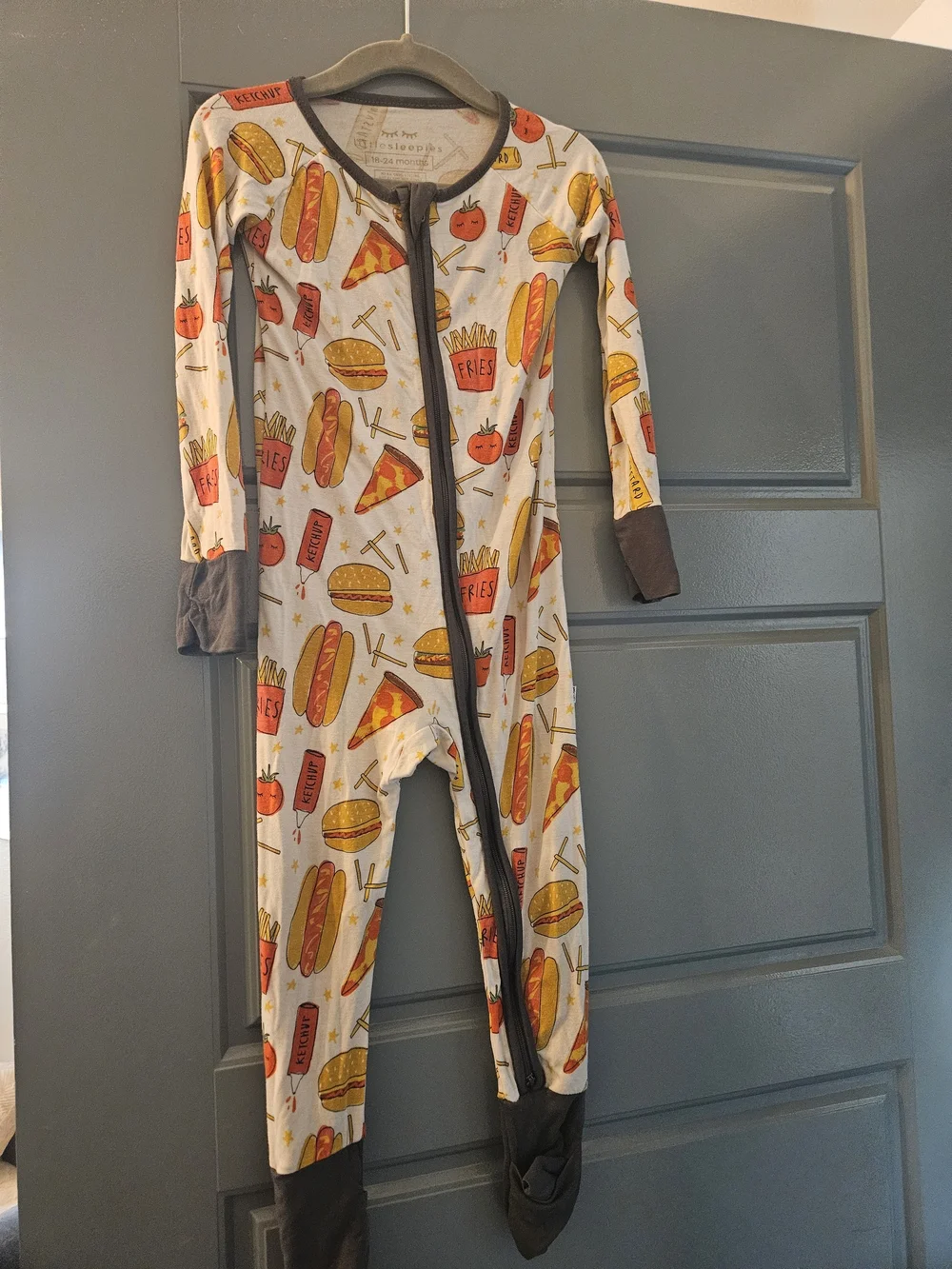 Kids White Food-Print One-Piece Pajamas with Gray Trim